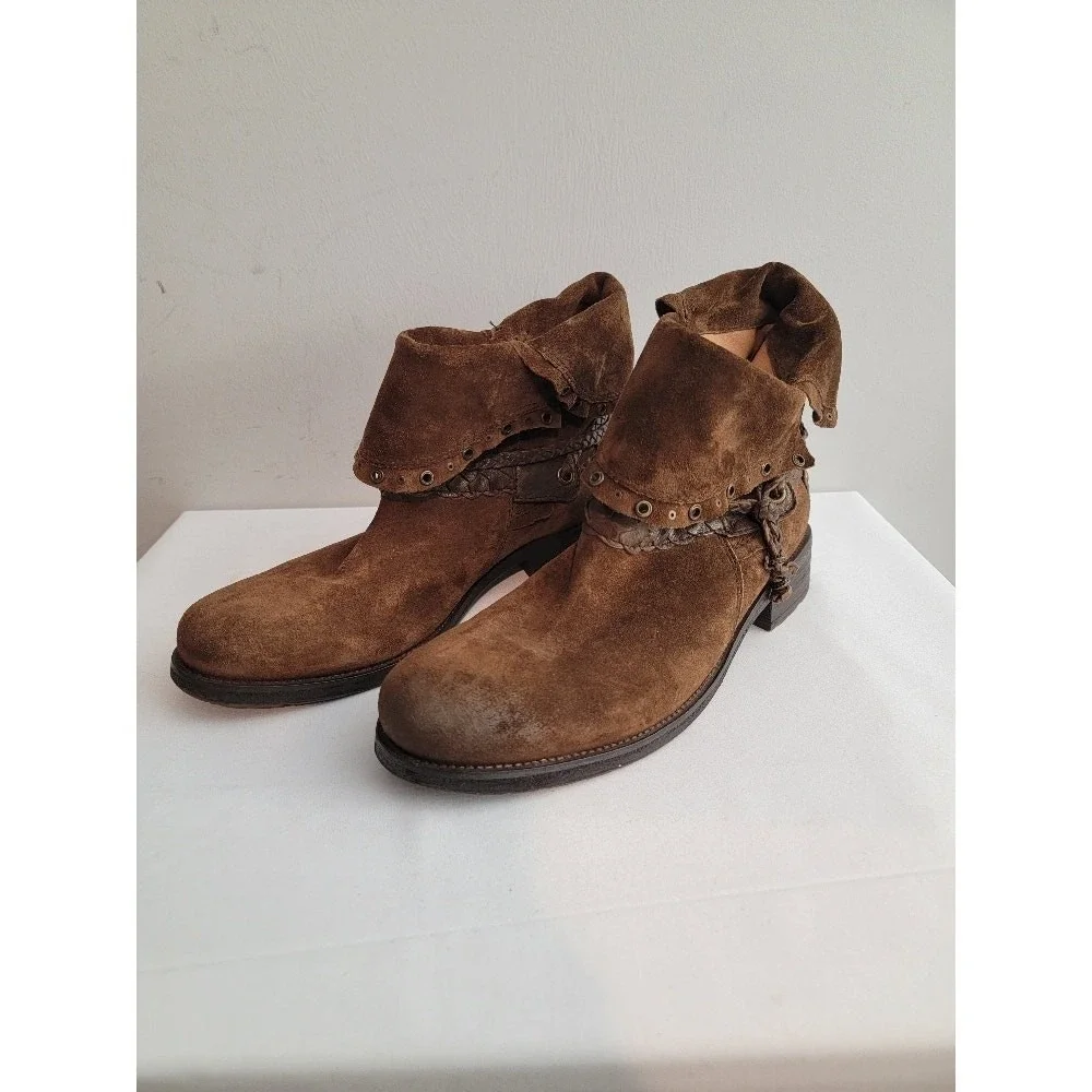 TRASK Suede Cuff Ankle‎ Boots Sz 10M Distressed Boho Rustic Brown